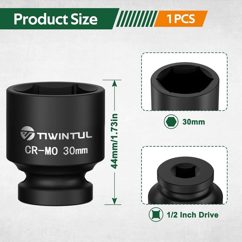 TIWINTUL 30mm Shallow Impact Socket, 1/2 Inch Drive 6 Point Design Impact Socket, Heat-Treated Chromium-Molybdenum Steel, ANSI Standards, Metric, Axle Nut Socket for Easy Removal of Axle Shaft Nuts - Image 2